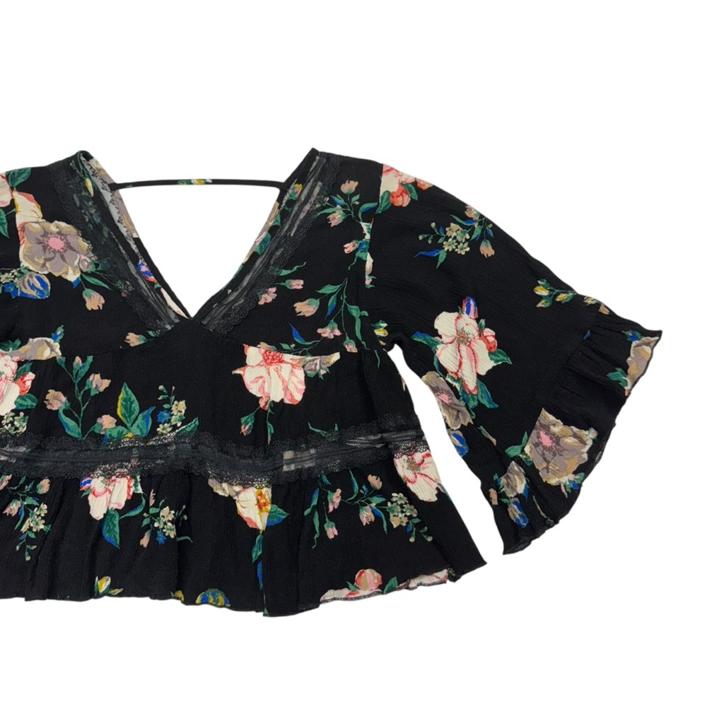 FAVLUX Peplum Babydoll Top Lace Trim Flare Sleeve Crop Ruffles Floral Fairy Y2K - Picture 6 of 13